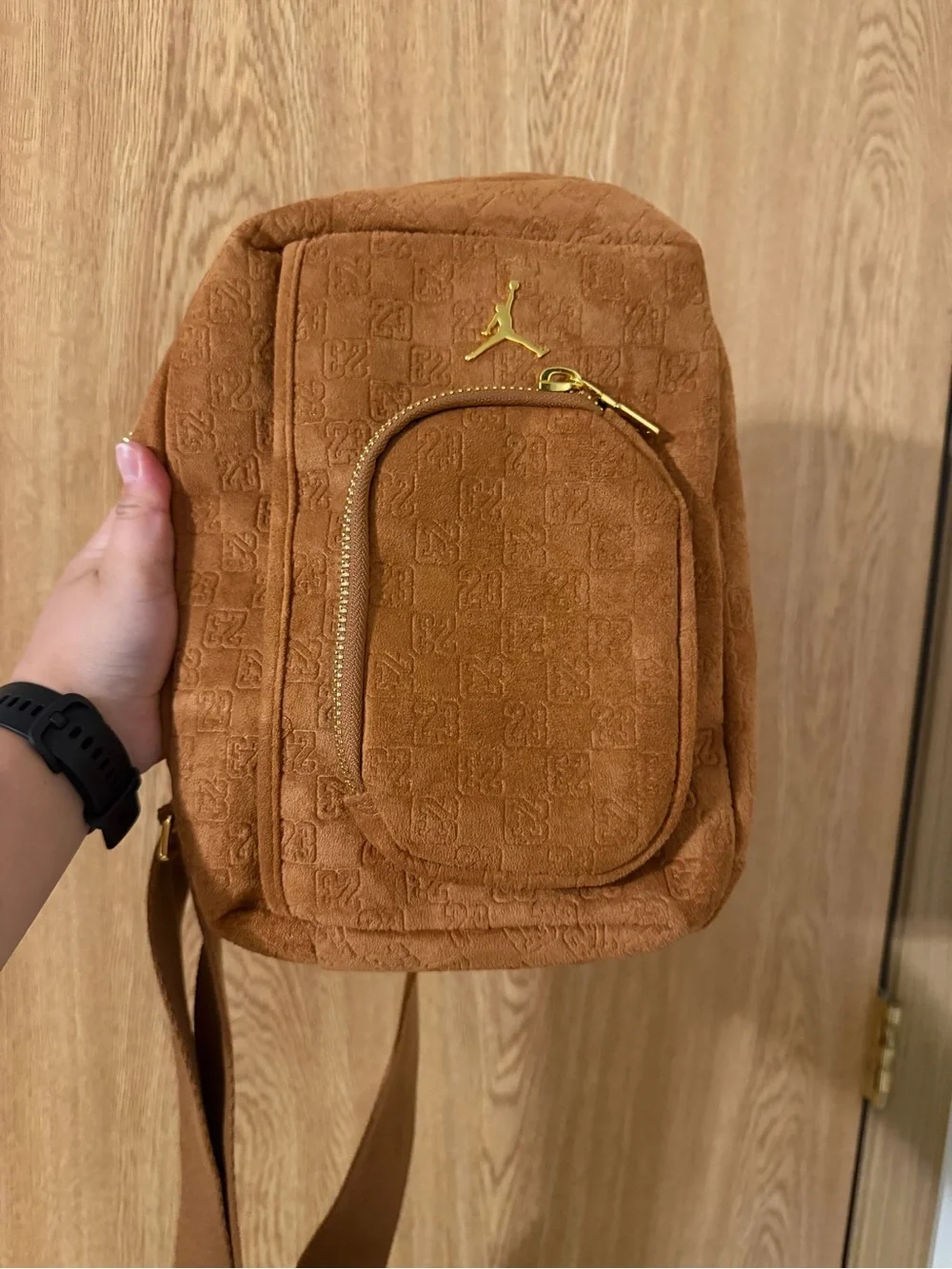 Jordan Tan Suede Sling Bag with Gold Hardware